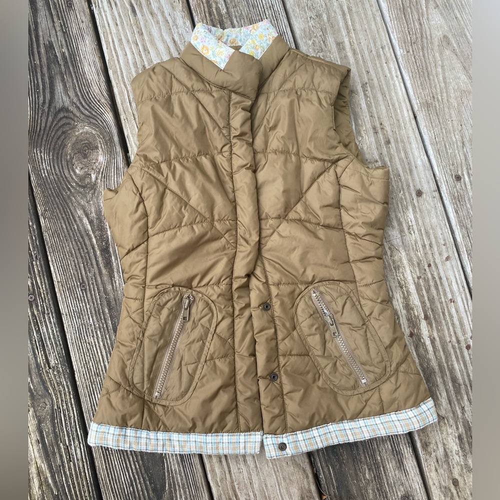 Y2K Wet Seal Brown/Olive Green Mixed Print Trim Puffer Sleeveless Vest XS - Picture 3 of 14